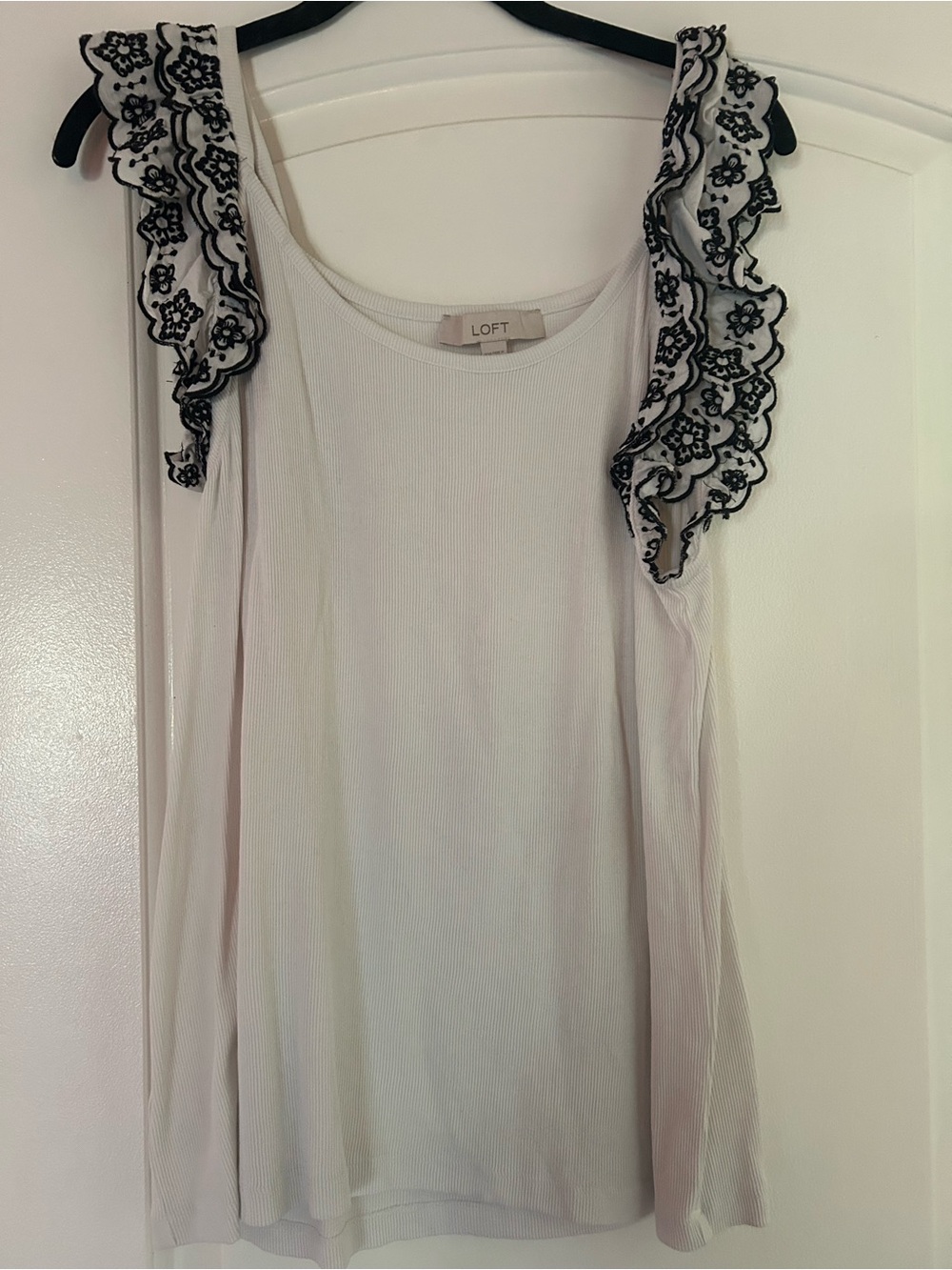 LOFT White Tank Top with Black Lace Ruffled Shoulders